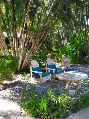 two blue chairs and a table in a garden at Indigo Yoga Surf Resort in Mal País