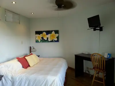 a bedroom with a bed and a desk and a tv at Out of Bounds Boutique Hotel in San José