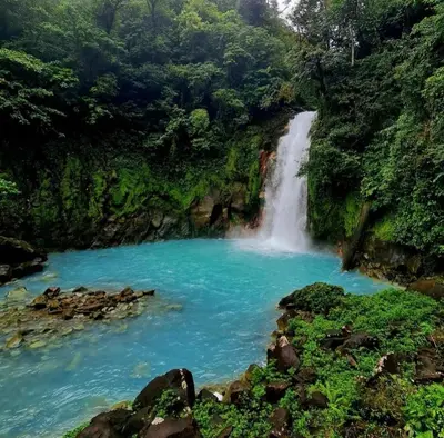 a waterfall in the jungle next to a river at Casa Colibrí in Bijagua