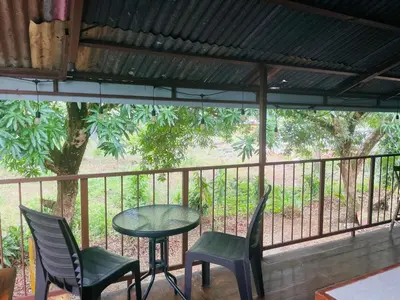 a table and chairs on a balcony with a tree at Casa Patricia in Uvita