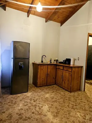 a kitchen with a stainless steel refrigerator and wooden cabinets at Cabaña junto al río in Naranjito