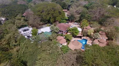 an aerial view of a house with a swimming pool at Mi Casa-stroll to the beach, ideal for 3-7 guest in Santa Cruz