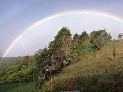 a rainbow in the sky over a hill with trees at La Cabaña in Heredia