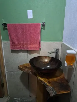 a bathroom with a wooden sink on a wooden counter at Casa el Colibrí in Naranjo