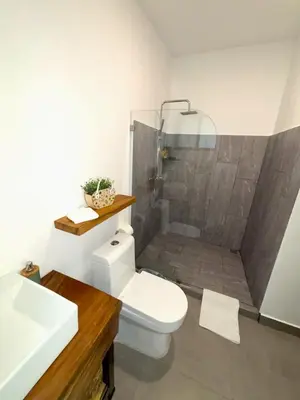 a bathroom with a shower and a toilet and a sink at Amazilia Guesthouse in Liberia