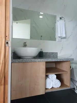 a bathroom with a sink and a mirror at Toucan home in Fortuna
