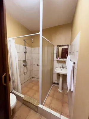 a bathroom with a shower and a sink at Belen Suites in San Antonio