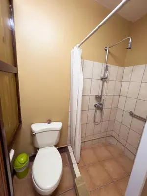 a bathroom with a toilet and a shower at Belen Suites in San Antonio