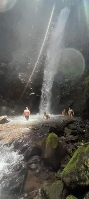 a group of people swimming in a stream with a waterfall at Finca Del Cielo in El Castillo de la Fortuna