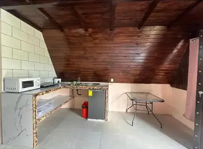 a kitchen with a microwave and a table in a room at Bungalow Tenorio Mountain Lodge in Rio Celeste