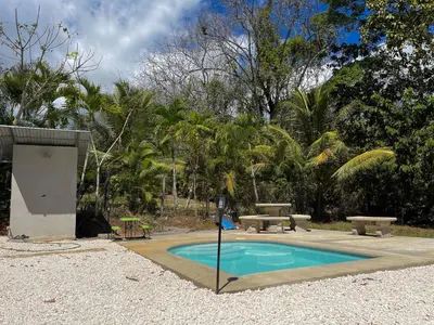 a small swimming pool with two picnic tables and trees at Casa Encanto in Puntarenas