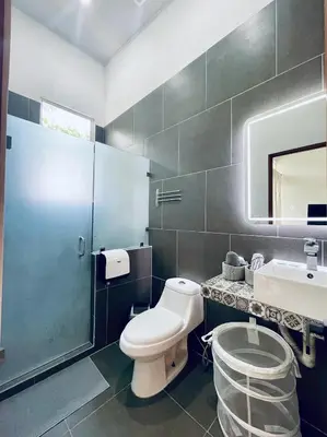 a bathroom with a toilet and a sink and a mirror at Casa Tucan in Quepos