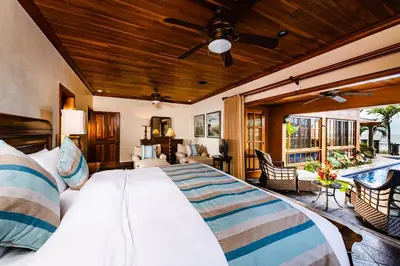 a bedroom with a large bed and a pool at Exclusive Beachfront Villa Private Pool & BBQ in Tamarindo