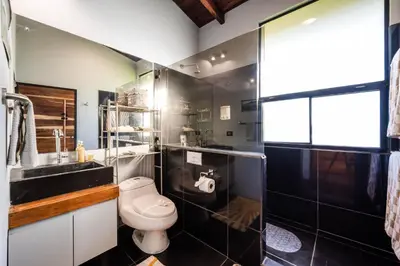 a bathroom with a toilet and a sink and a shower at Oceanview and Private Pool 8 mins to Downtown in Hernández