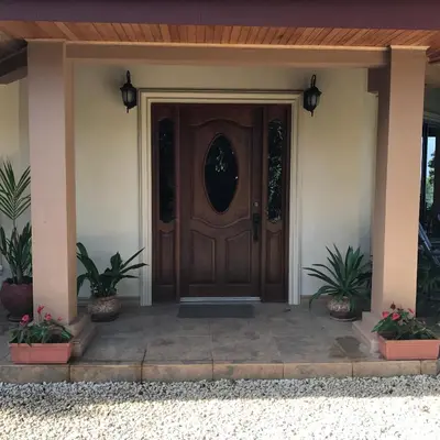 a wooden front door of a house with potted plants at Villa Magallanes in San Ramón