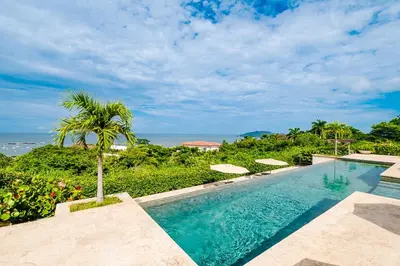 a swimming pool with a palm tree and the ocean at Brand New Ocean View Condo overlooking Tamarindo in Tamarindo