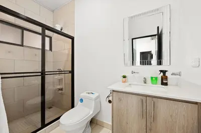 a bathroom with a toilet and a sink and a shower at Casa Las Mariposas Fantastic Home With Nature Views & Private Pool in Jobos