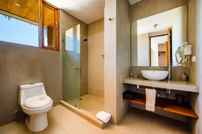 a bathroom with a toilet and a sink and a mirror at Spacious & serene with partial ocean & jungle view in Tamarindo