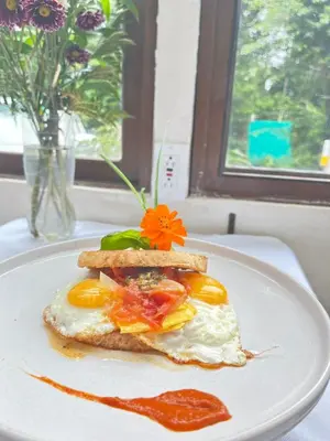 a breakfast sandwich with eggs and tomatoes on a plate at Freddy`s Place B&B in Monteverde Costa Rica