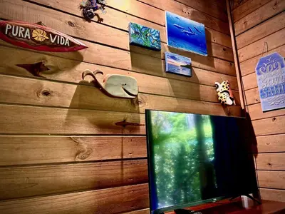 a tv sitting on a table in a room with a wooden wall at Ocean Melody in Uvita