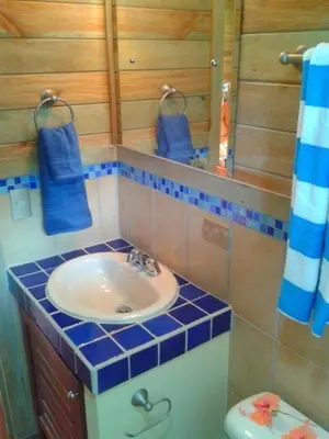 a bathroom with a sink and a mirror and a toilet at Ocean Melody in Uvita