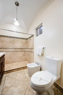 a bathroom with a toilet and a shower at Beachfront Easy Beach access, security & cameras in Tamarindo