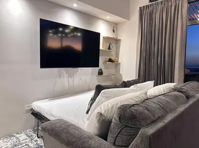 a living room with two beds and a flat screen tv at GoldenView+ Aire acondicionado+Jacuzzi (a 15 km de Monteverde) in Monteverde Costa Rica
