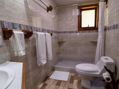 a bathroom with a toilet and a sink and a tub at Mountain Wonders Chalet in Monteverde Costa Rica