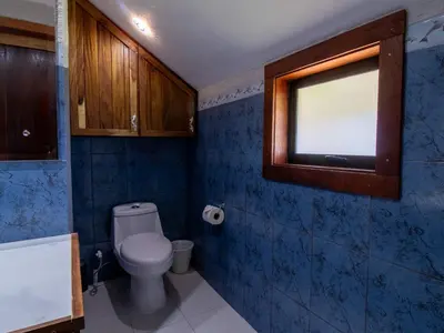 a bathroom with a toilet and a window at Mountain Wonders Chalet in Monteverde Costa Rica