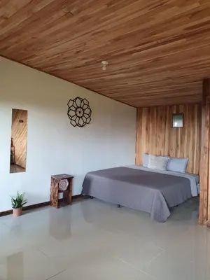 a bedroom with a bed and a wooden ceiling at El Chagüite monteverde #2 in Monteverde Costa Rica