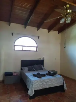 a bedroom with a bed and a ceiling fan at casa-patriana in San Ramón