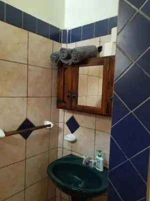 a bathroom with a green sink and a mirror at casa-patriana in San Ramón