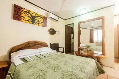 a bedroom with a bed and a mirror at Cadillac Rock Beach Hotel in Jacó
