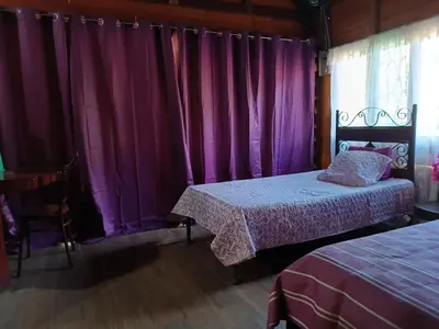 a bedroom with two beds and purple curtains at Cabaña Rincón de Curubandé in Liberia