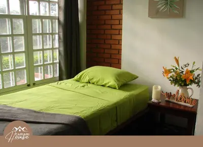 a bedroom with a green bed and a window at Full house, 11BR, 12BA, 10 min from SJO Airport in Heredia