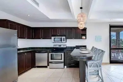 a kitchen with stainless steel appliances and wooden cabinets at Rooftop balcony oceanfront PH condo with King beds in Jacó