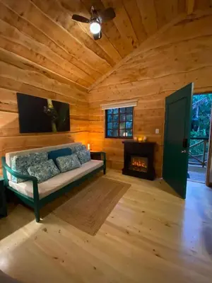 a living room with a couch and a fireplace at Cabañas Emerald Forest in Concepción