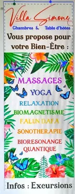 a sign with a bunch of different words on it at VILLA SIMONE ARENAL French Ecolodge in Tilarán