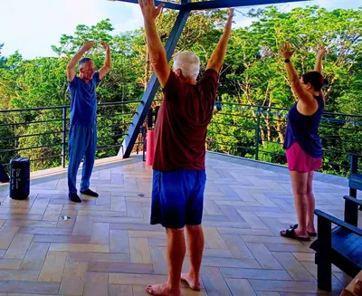 a group of people standing on a deck with their hands in the air at VILLA SIMONE ARENAL French Ecolodge in Tilarán