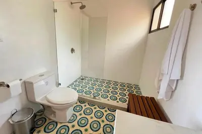 a bathroom with a white toilet and a shower at Casa Kabuae in Portalón