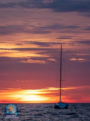 a sail boat in the ocean at sunset at Hotel El Velero in Playa Hermosa