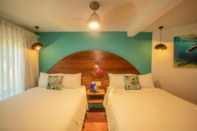 two beds in a room with a green wall at Hotel El Velero in Playa Hermosa