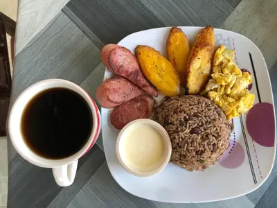 a plate of food with a cup of coffee and a plate of food at Apartamentos Equipados DMR #3 in Uvita