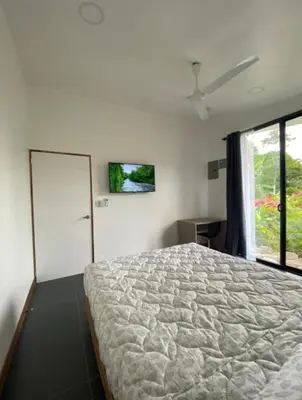 a bedroom with a large bed and a window at Villa Tanager in Fortuna
