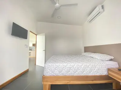 a bedroom with a bed and a ceiling fan at Villa Tanager in Fortuna