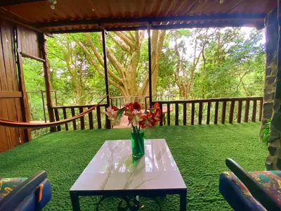a table with a vase with flowers on it at Ficus Wonders Bus in Monteverde Costa Rica