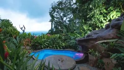 a small swimming pool in a garden with plants at Cabañas Caeli, El Congo, La Fortuna Rainforest Glass Cabin w Suite in Fortuna