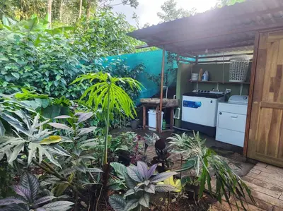 a garden with a stove and some plants at Cabañas Caeli, El Congo, La Fortuna Rainforest Glass Cabin w Suite in Fortuna