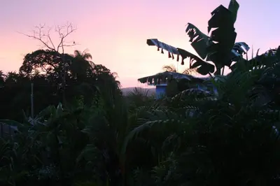 a sunset view of a house in the jungle at Sol Pacifico Lodge in Cascajal