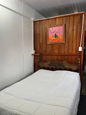a bed in a bedroom with a wooden wall at Trailer House in Vara Blanca